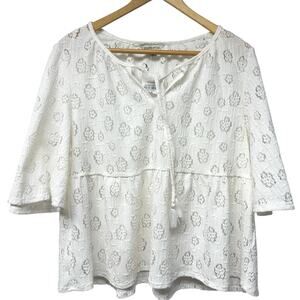 NWT Frye and Co Ivory Eyelet Lace Top Size Large Peplum Boho Semi Sheer Flowy